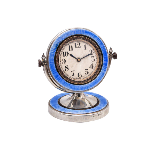 AARON L. DENNISON 1929 Art Deco Guilloche Blue Enamel Desk Clock In Sterling