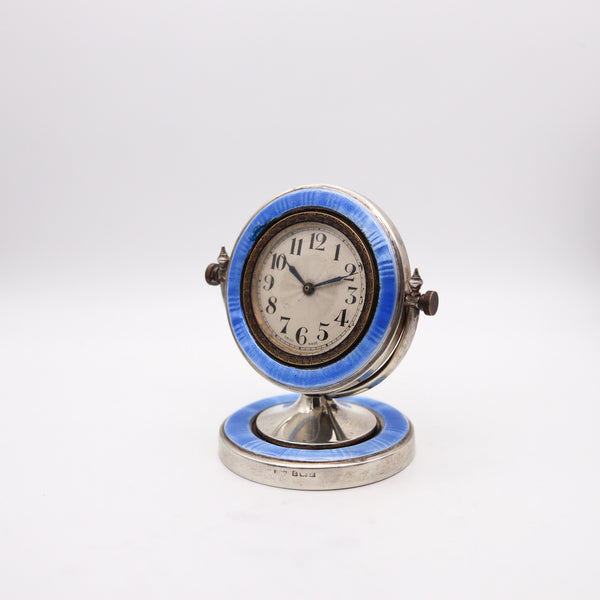 AARON L. DENNISON 1929 Art Deco Guilloche Blue Enamel Desk Clock In Sterling