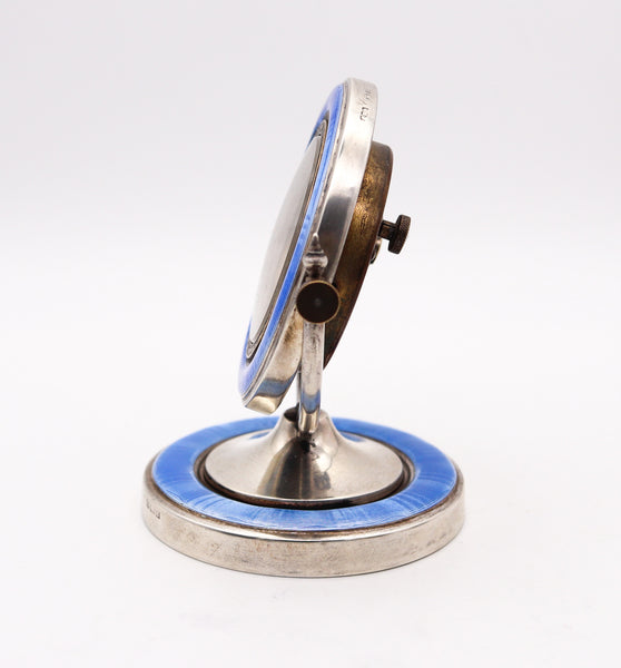 AARON L. DENNISON 1929 Art Deco Guilloche Blue Enamel Desk Clock In Sterling