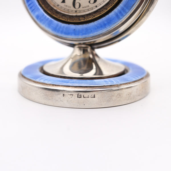 AARON L. DENNISON 1929 Art Deco Guilloche Blue Enamel Desk Clock In Sterling