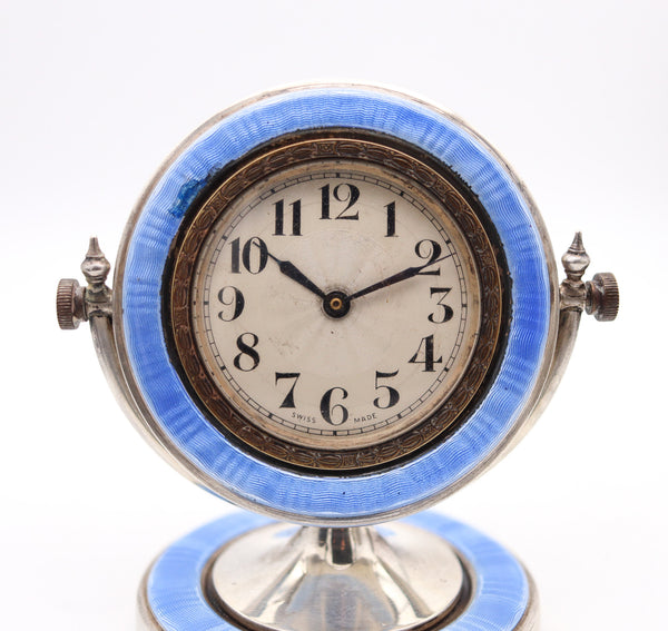 AARON L. DENNISON 1929 Art Deco Guilloche Blue Enamel Desk Clock In Sterling