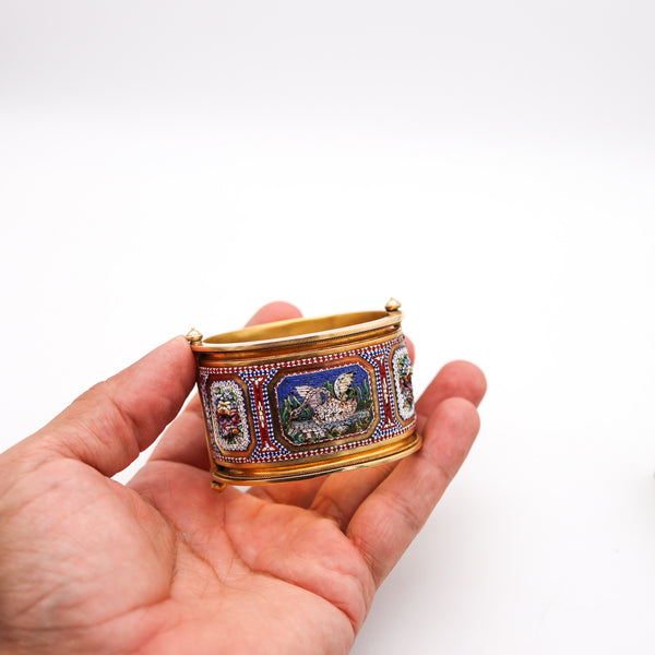 ROMAN REVIVAL 1880 Micro Mosaic Bangle Bracelet In Solid 19Kt Yellow Gold