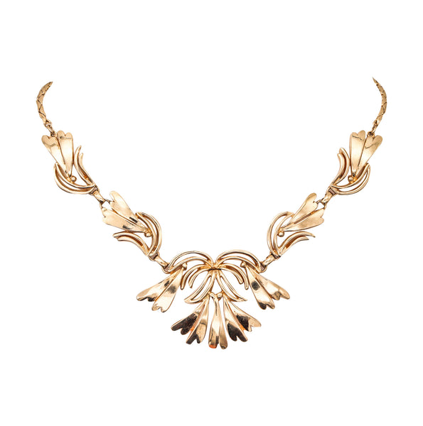 NORMAN BEL GEDDES 1950 Retro Modernist Necklace In Gilt Steel