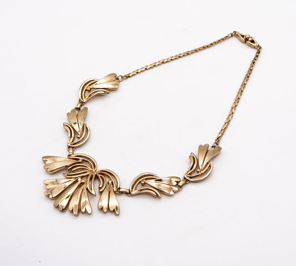 NORMAN BEL GEDDES 1950 Retro Modernist Necklace In Gilt Steel