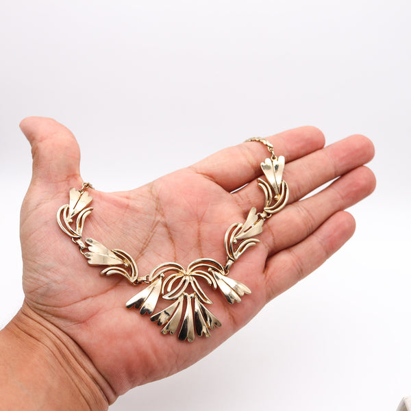 NORMAN BEL GEDDES 1950 Retro Modernist Necklace In Gilt Steel