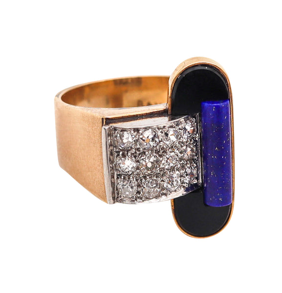 RAYMOND TEMPLIER 1930 Sculptural Ring In 18Kt Gold Platinum And Gemstones