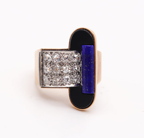 RAYMOND TEMPLIER 1930 Sculptural Ring In 18Kt Gold Platinum And Gemstones