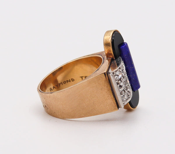 RAYMOND TEMPLIER 1930 Sculptural Ring In 18Kt Gold Platinum And Gemstones