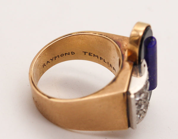 RAYMOND TEMPLIER 1930 Sculptural Ring In 18Kt Gold Platinum And Gemstones