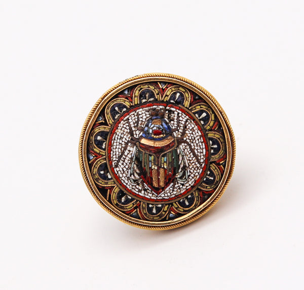 ETRUSCAN REVIVAL 1880 Victorian Scarab Micro Mosaic Ring In 18Kt Yellow Gold