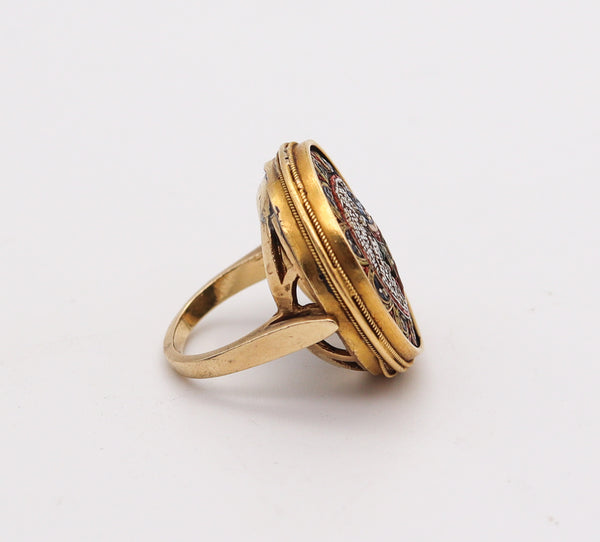 ETRUSCAN REVIVAL 1880 Victorian Scarab Micro Mosaic Ring In 18Kt Yellow Gold