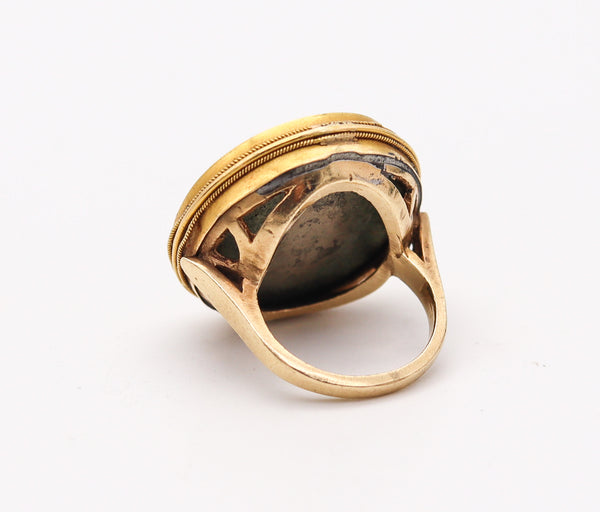 ETRUSCAN REVIVAL 1880 Victorian Scarab Micro Mosaic Ring In 18Kt Yellow Gold