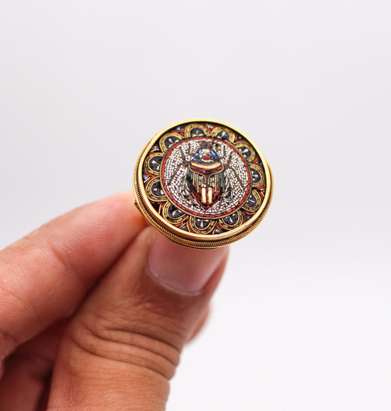 ETRUSCAN REVIVAL 1880 Victorian Scarab Micro Mosaic Ring In 18Kt Yellow Gold