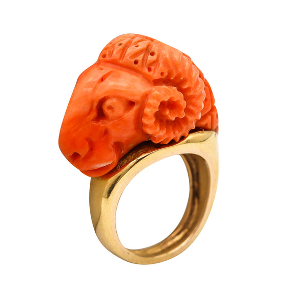 RAM RING 1970 Zodiacal Italian Sardinian Carved Coral Ram Ring In 18Kt Yellow Gold