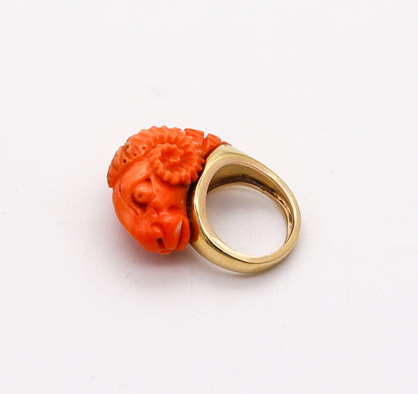 RAM RING 1970 Zodiacal Italian Sardinian Carved Coral Ram Ring In 18Kt Yellow Gold