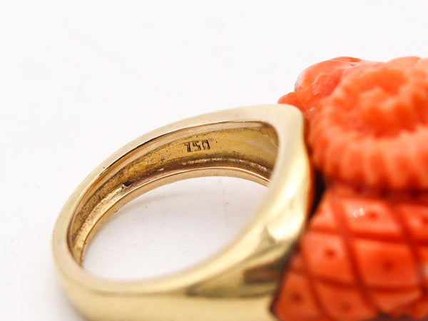 RAM RING 1970 Zodiacal Italian Sardinian Carved Coral Ram Ring In 18Kt Yellow Gold
