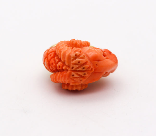 RAM RING 1970 Zodiacal Italian Sardinian Carved Coral Ram Ring In 18Kt Yellow Gold