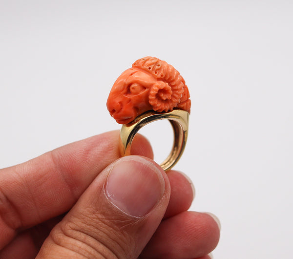 RAM RING 1970 Zodiacal Italian Sardinian Carved Coral Ram Ring In 18Kt Yellow Gold