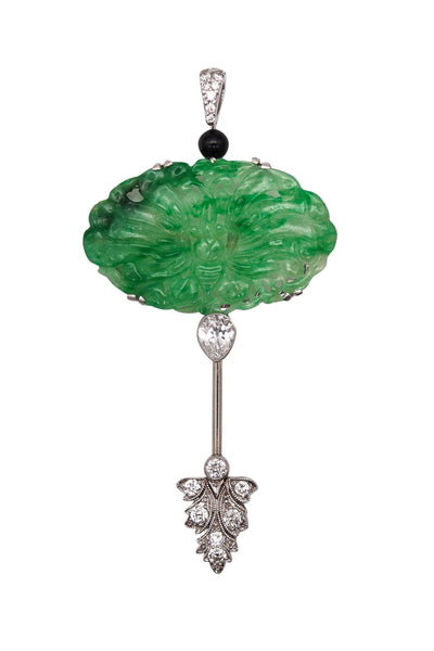 J.B. CALDWELL 1920 Jabot Brooch In Platinum And 11.32 Ctw Diamonds Jadeite & Onyx