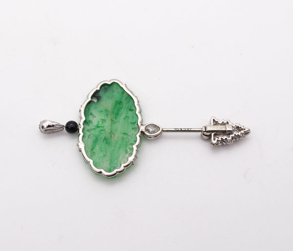 J.B. CALDWELL 1920 Jabot Brooch In Platinum And 11.32 Ctw Diamonds Jadeite & Onyx