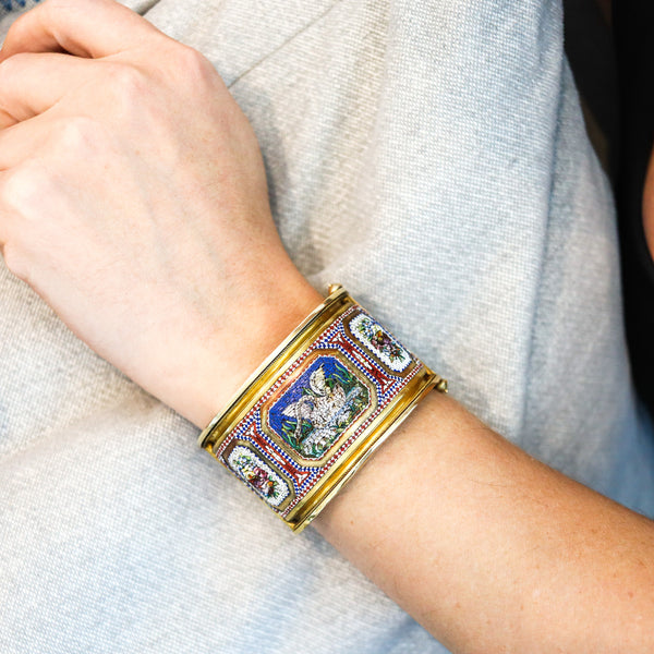 ROMAN REVIVAL 1880 Micro Mosaic Bangle Bracelet In Solid 19Kt Yellow Gold