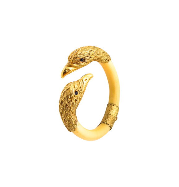 ITALIAN 1950 Eagles Retro Modernist Bracelet In 18Kt Yellow Gold With Blue Sapphires