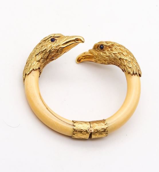 ITALIAN 1950 Eagles Retro Modernist Bracelet In 18Kt Yellow Gold With Blue Sapphires