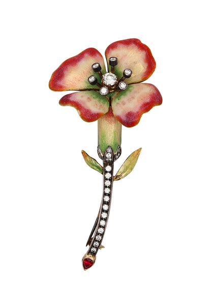ART NOUVEAU 1915 Enameled Flower Brooch In 18Kt Gold With Diamonds & Ruby