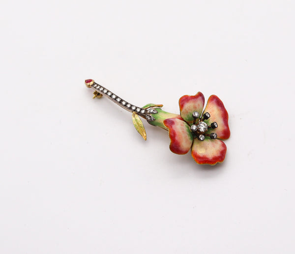 ART NOUVEAU 1915 Enameled Flower Brooch In 18Kt Gold With Diamonds & Ruby