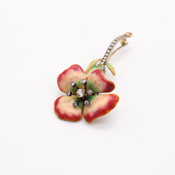 ART NOUVEAU 1915 Enameled Flower Brooch In 18Kt Gold With Diamonds & Ruby