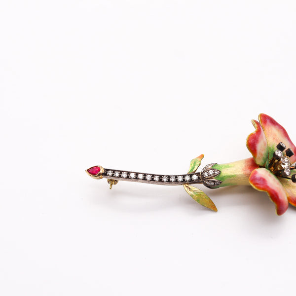 ART NOUVEAU 1915 Enameled Flower Brooch In 18Kt Gold With Diamonds & Ruby