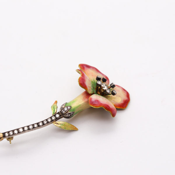 ART NOUVEAU 1915 Enameled Flower Brooch In 18Kt Gold With Diamonds & Ruby