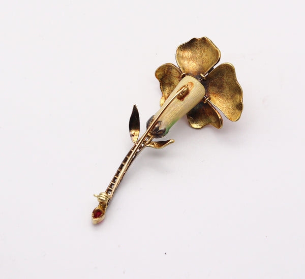 ART NOUVEAU 1915 Enameled Flower Brooch In 18Kt Gold With Diamonds & Ruby