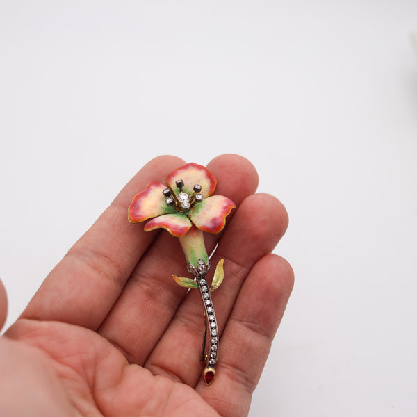 ART NOUVEAU 1915 Enameled Flower Brooch In 18Kt Gold With Diamonds & Ruby