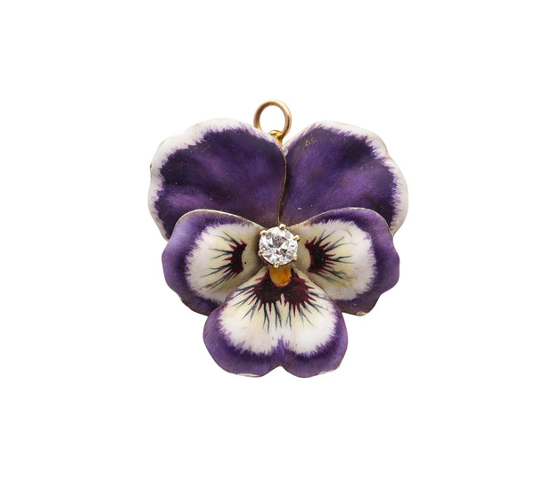 ART NOUVEAU 1905 Purple Enameled Pansy Brooch In 18Kt Gold With Diamond