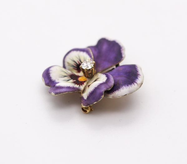 ART NOUVEAU 1905 Purple Enameled Pansy Brooch In 18Kt Gold With Diamond