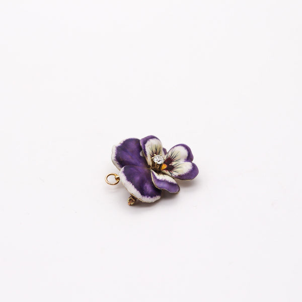 ART NOUVEAU 1905 Purple Enameled Pansy Brooch In 18Kt Gold With Diamond