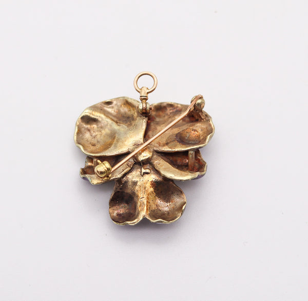 ART NOUVEAU 1905 Purple Enameled Pansy Brooch In 18Kt Gold With Diamond