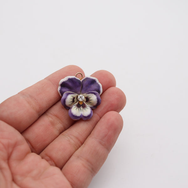 ART NOUVEAU 1905 Purple Enameled Pansy Brooch In 18Kt Gold With Diamond