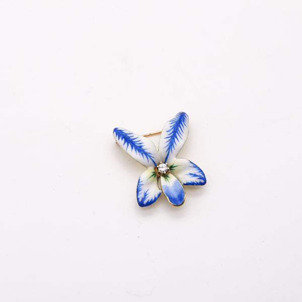 ART NOUVEAU 1900 Edwardian Enamel Orchid Flower In 14Kt Gold With Diamond