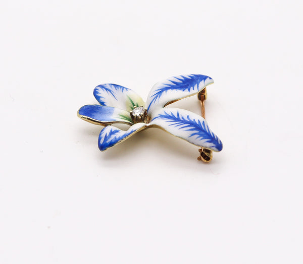 ART NOUVEAU 1900 Edwardian Enamel Orchid Flower In 14Kt Gold With Diamond