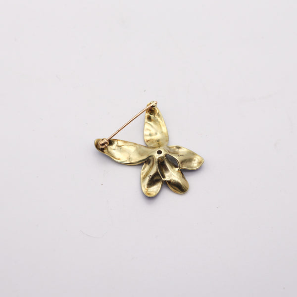 ART NOUVEAU 1900 Edwardian Enamel Orchid Flower In 14Kt Gold With Diamond