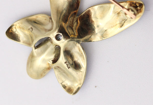 ART NOUVEAU 1900 Edwardian Enamel Orchid Flower In 14Kt Gold With Diamond