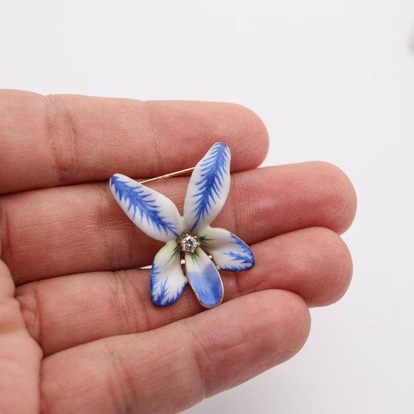 ART NOUVEAU 1900 Edwardian Enamel Orchid Flower In 14Kt Gold With Diamond