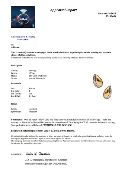 -Hemmerle Munich Clips Earrings In 18Kt Gold And Platinum With 3.12 Ctw Diamonds