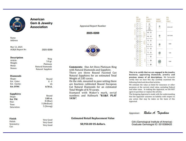BLACK STARR & FROST 1925 Art Deco Platinum Ring With 3.55 Ctw Sapphires & Diamonds