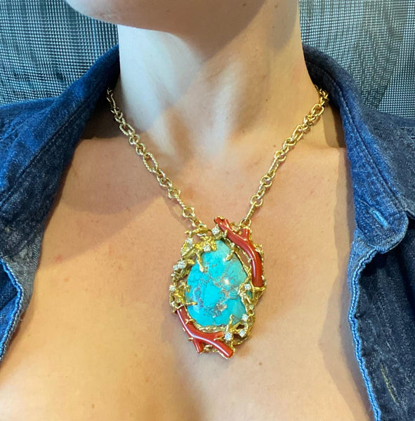 Arthur King 1960 Organic Pendant Brooch In 18Kt Gold With 106.41 Cts In Diamonds Turquoise & Coral