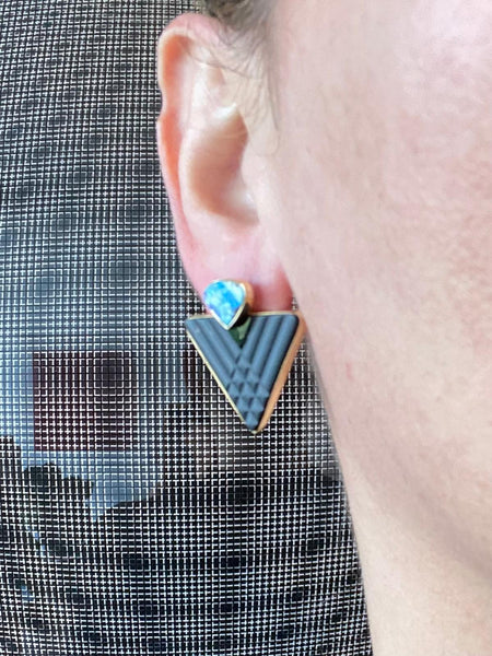 MODERNIST Studs Earrings In 14Kt Yellow Gold With Australian Opals And Black Jet