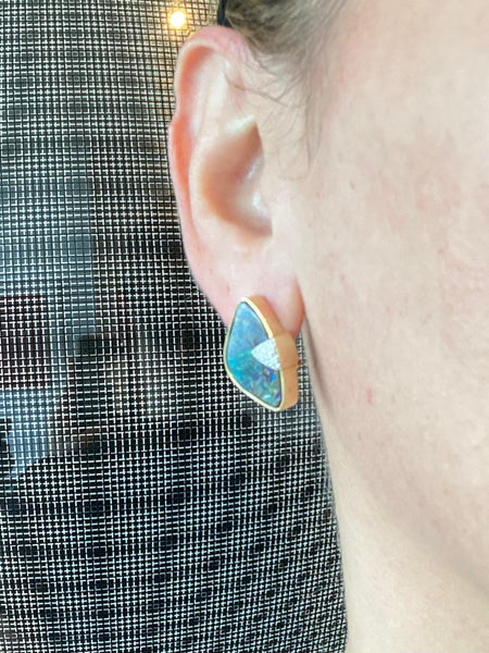 MODERNIST Clips-On Earrings In 14Kt Yellow Gold With Diamonds And Opals