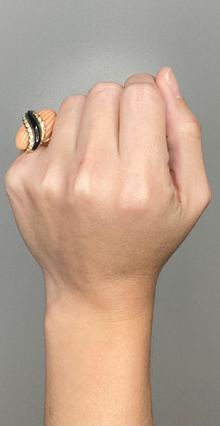 Andre Vassort 1960 France 18Kt Cocktail Ring With 1.02 Cts Diamonds Coral And Onyx